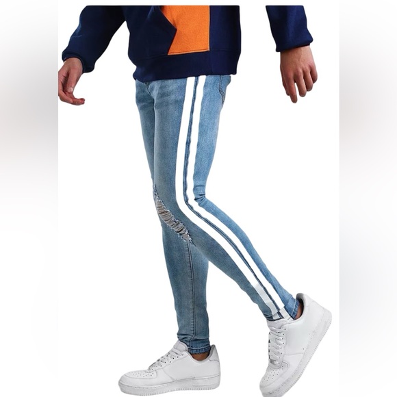 BOOHOO MAN Distressed Super Skinny White Painted Stripe Jean Blue Mens Size 28. - Picture 16 of 16
